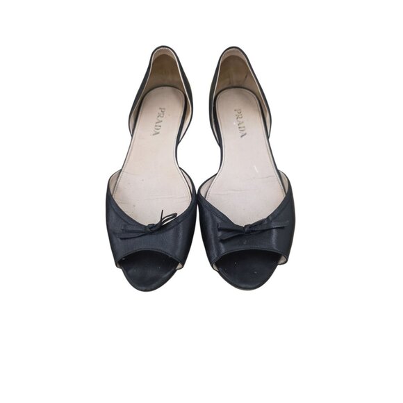 Prada Leather D'orsay Flats Slip On Open Toe Shoes Black Size 38.5 /US 8.5 Women - Picture 1 of 12